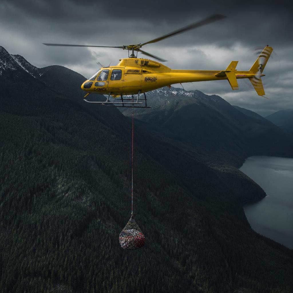 Helicopter with long-line sling delivering equipment to a remote Alberta telecom site